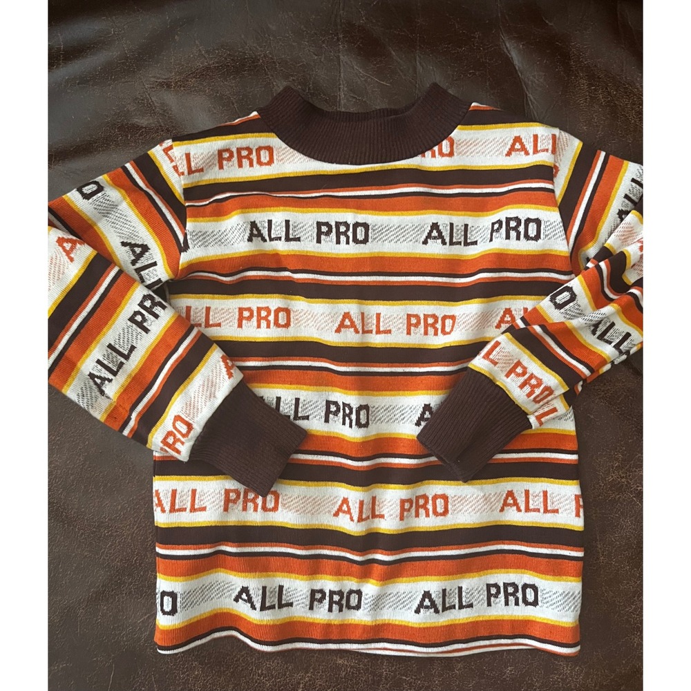 Vintage Health-tex Kids All Pro Striped Mock Neck Shirt Brown Orange Size 5 USA